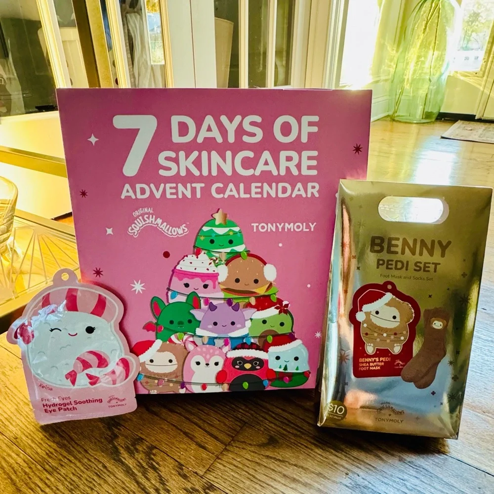 Squishmallows 7-day tween advent calendar, eye mask, foot mask/sock set—NWT